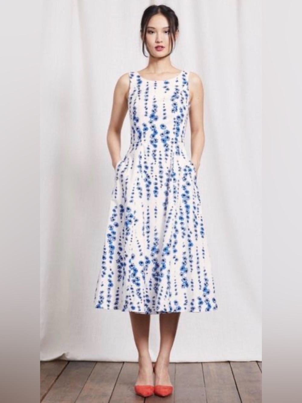 Boden White Midi Dress with Blue Floral Print